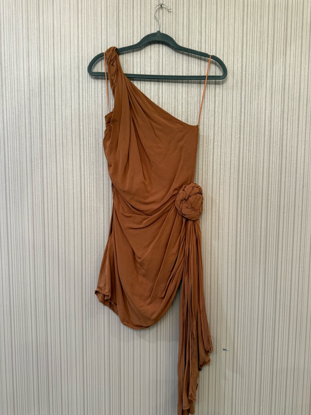 One-Shoulder Rust Brown Draped Mini Dress with Side Rosette
